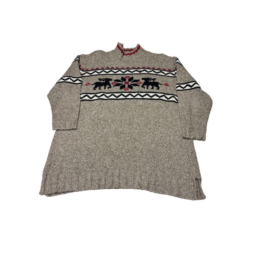 Vintage Eddie Bauer Silk Wool Blend Fair Isle Reindeer Sweater Tan Womens XL